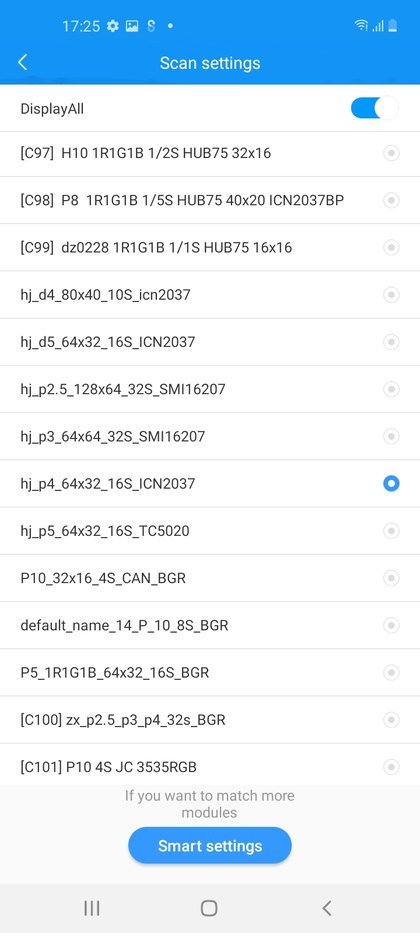 LedArt: список Scan settings с переключателем DisplayAll и режимом C100 zx_p2.5_p3_p4_32s_BGR